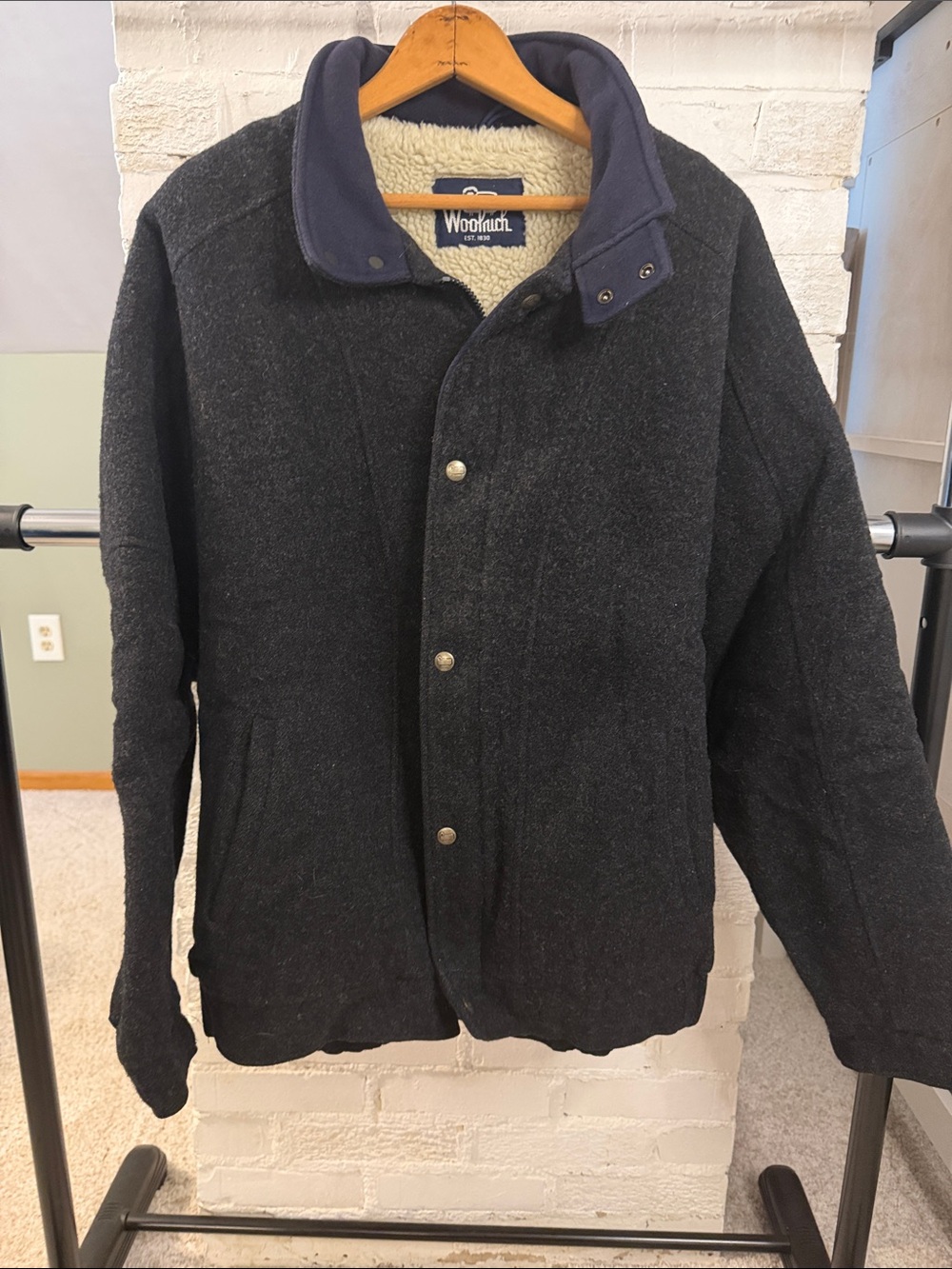 Woolrich Charcoal Gray Wool Blend Pea Coat with Sherpa Collar